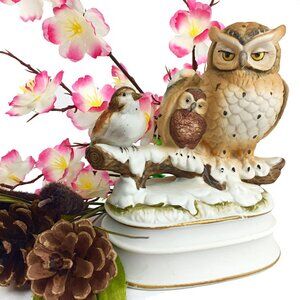 Vintage Towle Japan Fine Porcelain Owl Bird on Branch Music Box Figurine